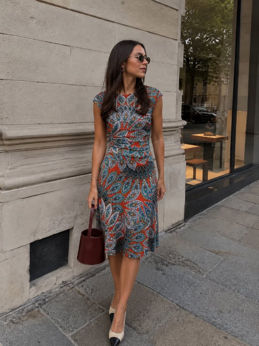 Paisley Midi Dress Drop Waist Fit & Flare Red Blue Size Small 6